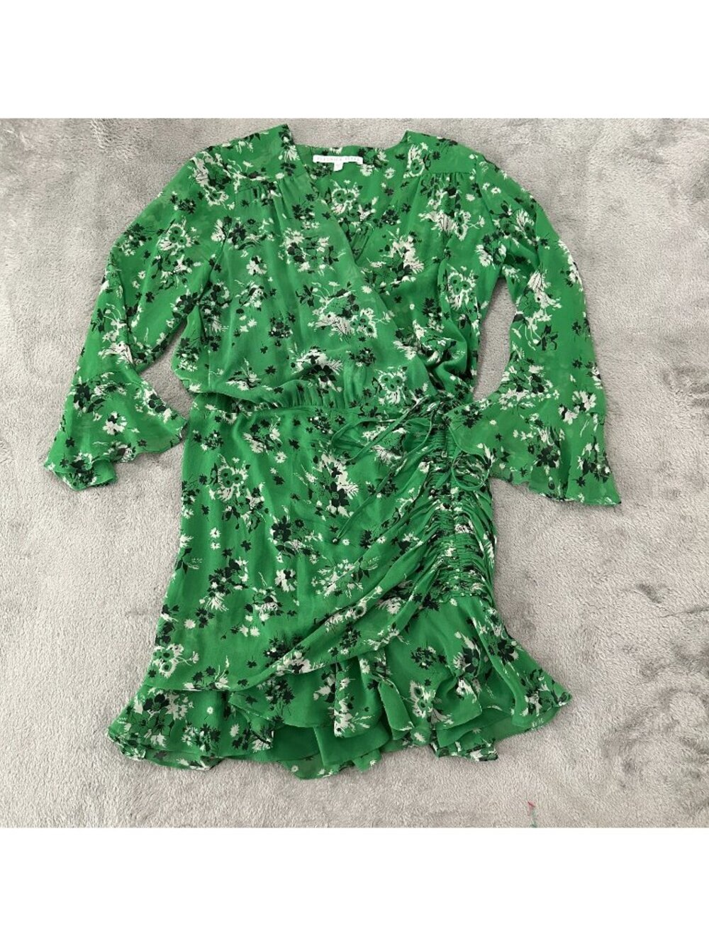 Veronica Beard Silk Floral Print Dress Sean Ruched Green Women's Size 8